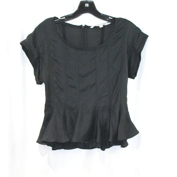 Carine Roitfeld Uniqlo Black Short Sleeve Ruffle Hem Blouse - Picture 1 of 5